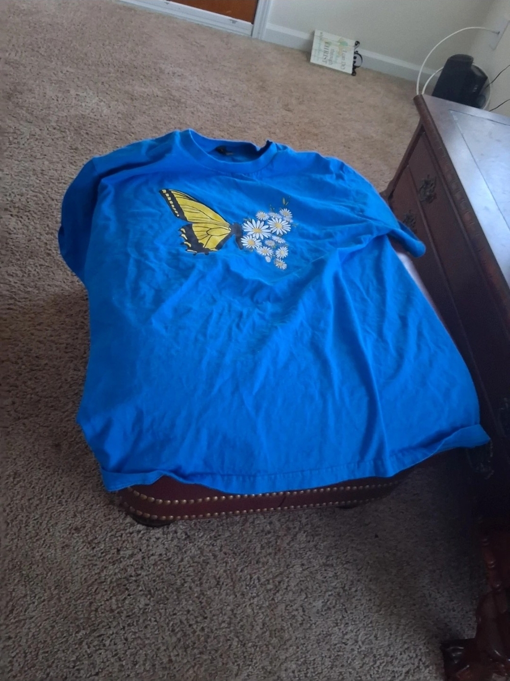 Bright Blue Short-Sleeve Tee with Yellow Butterfly & White Daisy Graphic